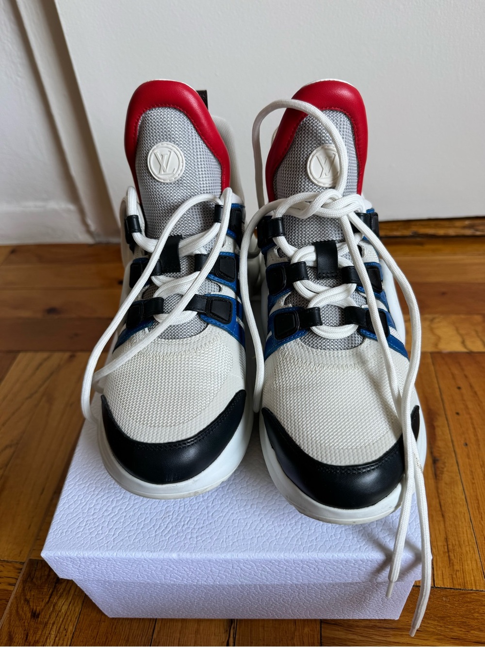 Louis Vuitton White, Black, Blue & Red Mesh Leather Sneakers